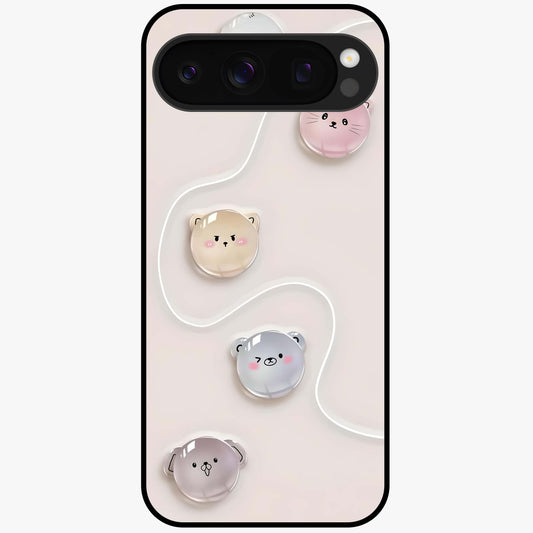 Puffy Face Parade Glass Case showing flat back view with cute puffy character faces artwork and glossy glass finish.