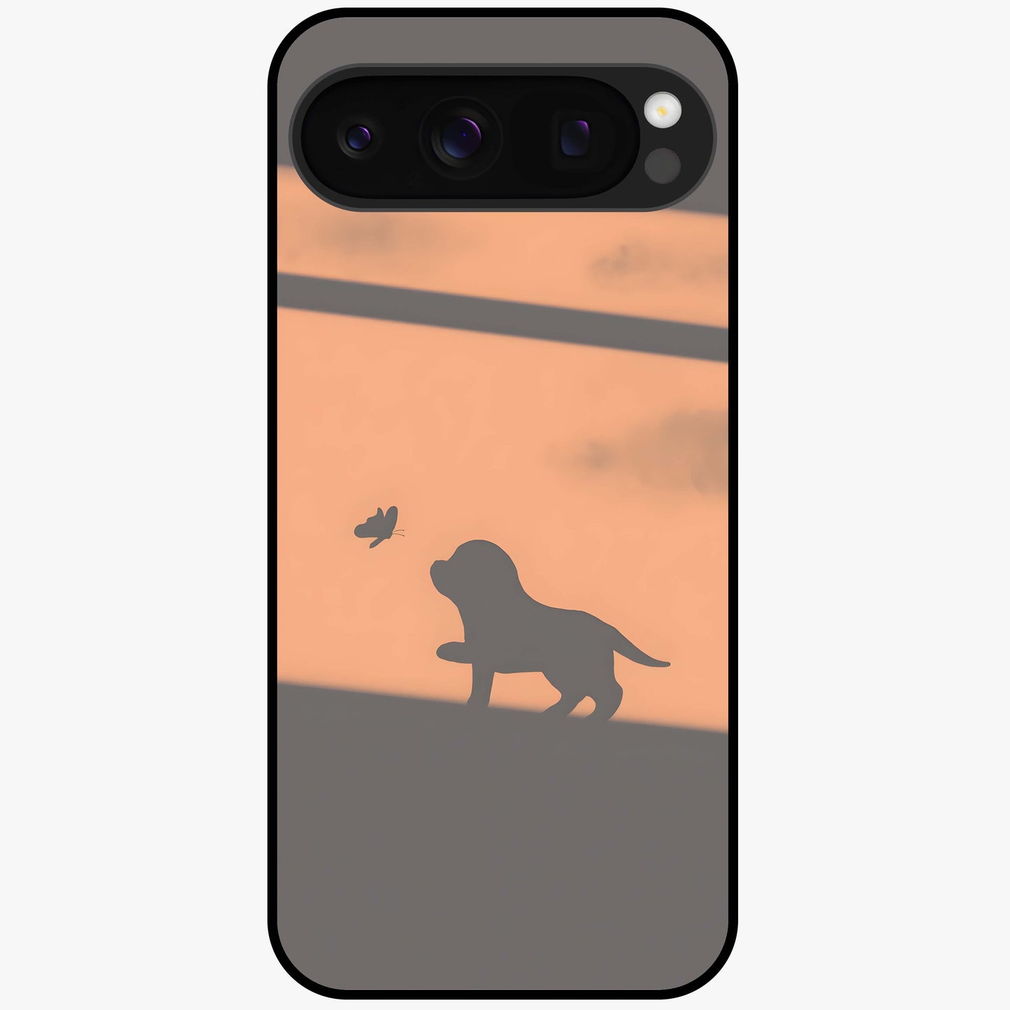 Puppy Shadow Art Glass Case showing flat back view with cute puppy shadow style artwork and glossy glass finish.
