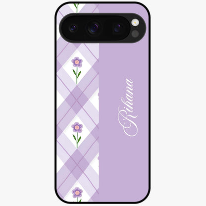 Purple Diamond Floral Glass Case showing flat back view with diamond shaped floral artwork and glossy glass finish.