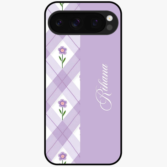 Purple Diamond Floral Glass Case showing flat back view with diamond shaped floral artwork and glossy glass finish.