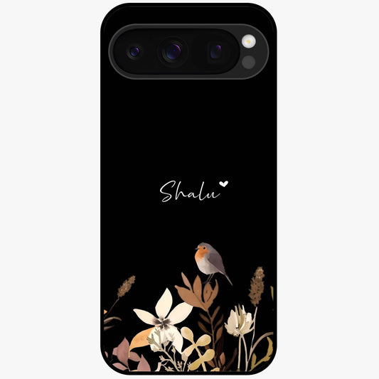 Quiet Garden Tune Custom Name Glass Case showing flat back view with peaceful garden artwork and personalized name design.