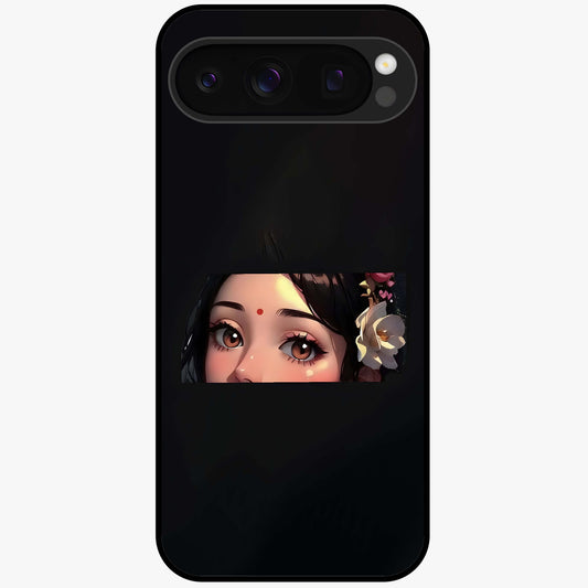 Radha Divine Embrace Glass Case showing flat back view with devotional Radha artwork and glossy glass finish.