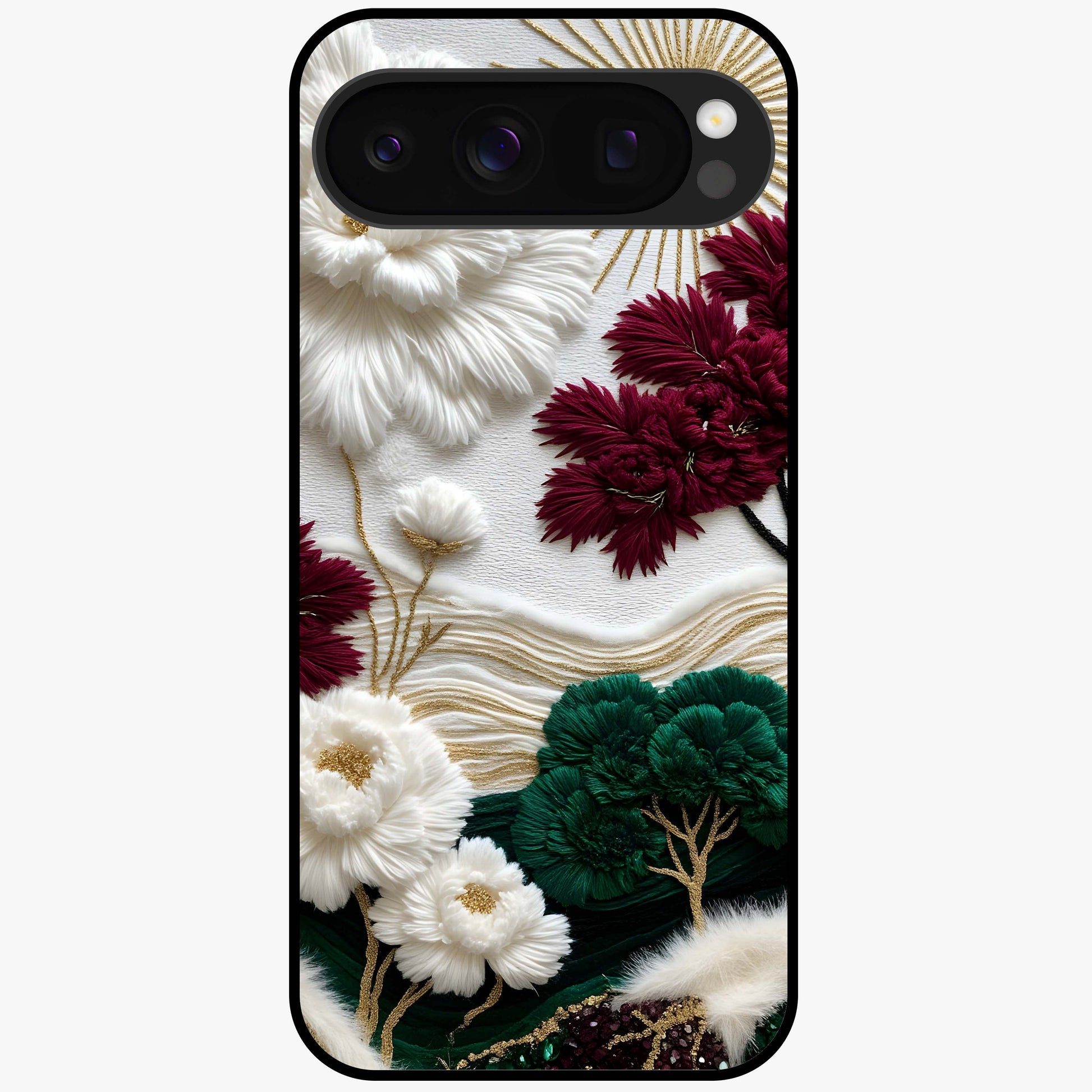 Radiant Bloom Elegance Glass Case showing flat back view with elegant blooming flower artwork and glossy glass finish.