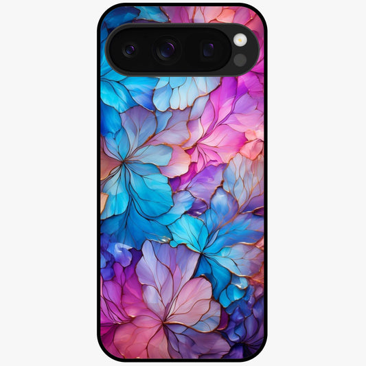 Radiant Floral Whirl Glass Case showing flat back view with swirling floral artwork and glossy glass finish.