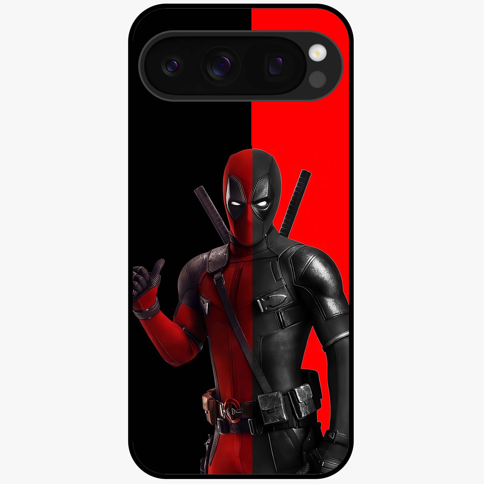 Red & Black Deadpool Theme Glass Case showing flat back view with bold comic inspired artwork and glossy glass finish.