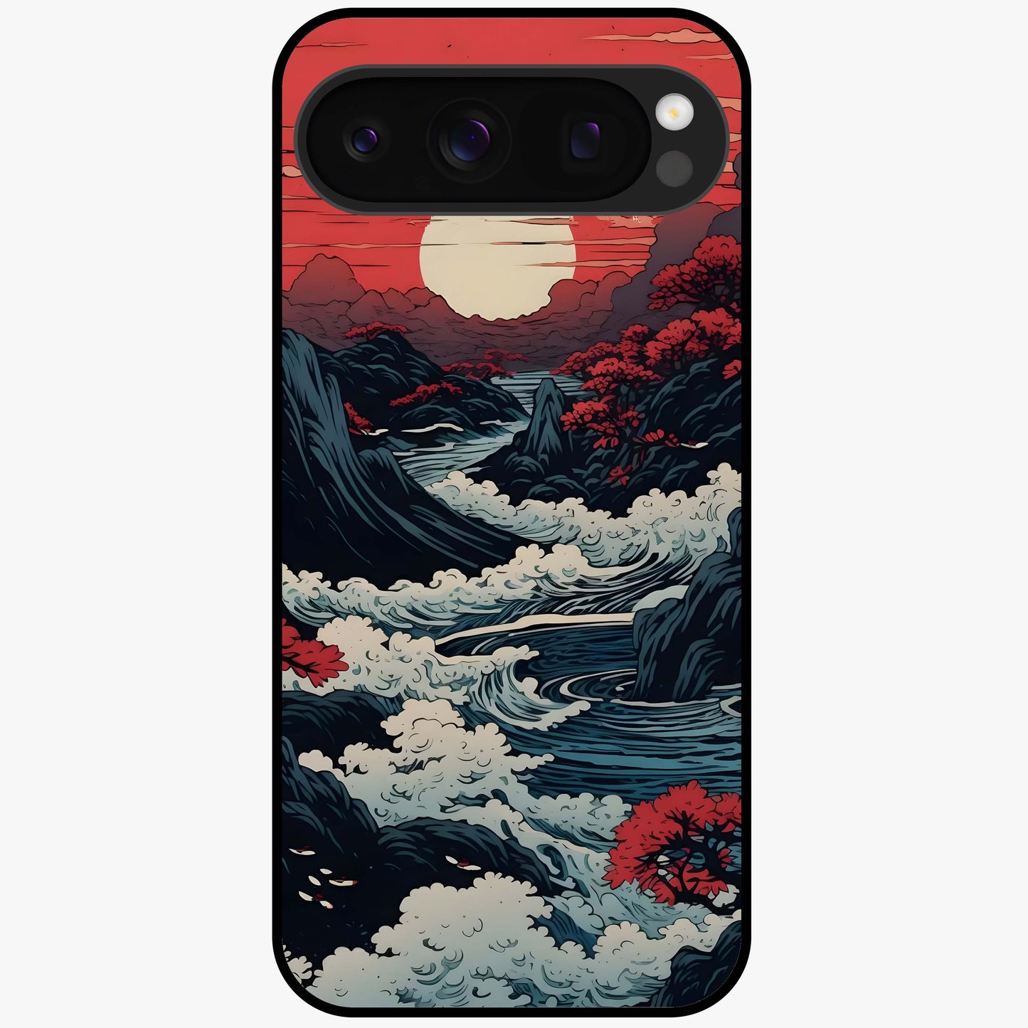 Red Sunset Scenery Glass Case showing flat back view with vibrant sunset landscape artwork and glossy glass finish.