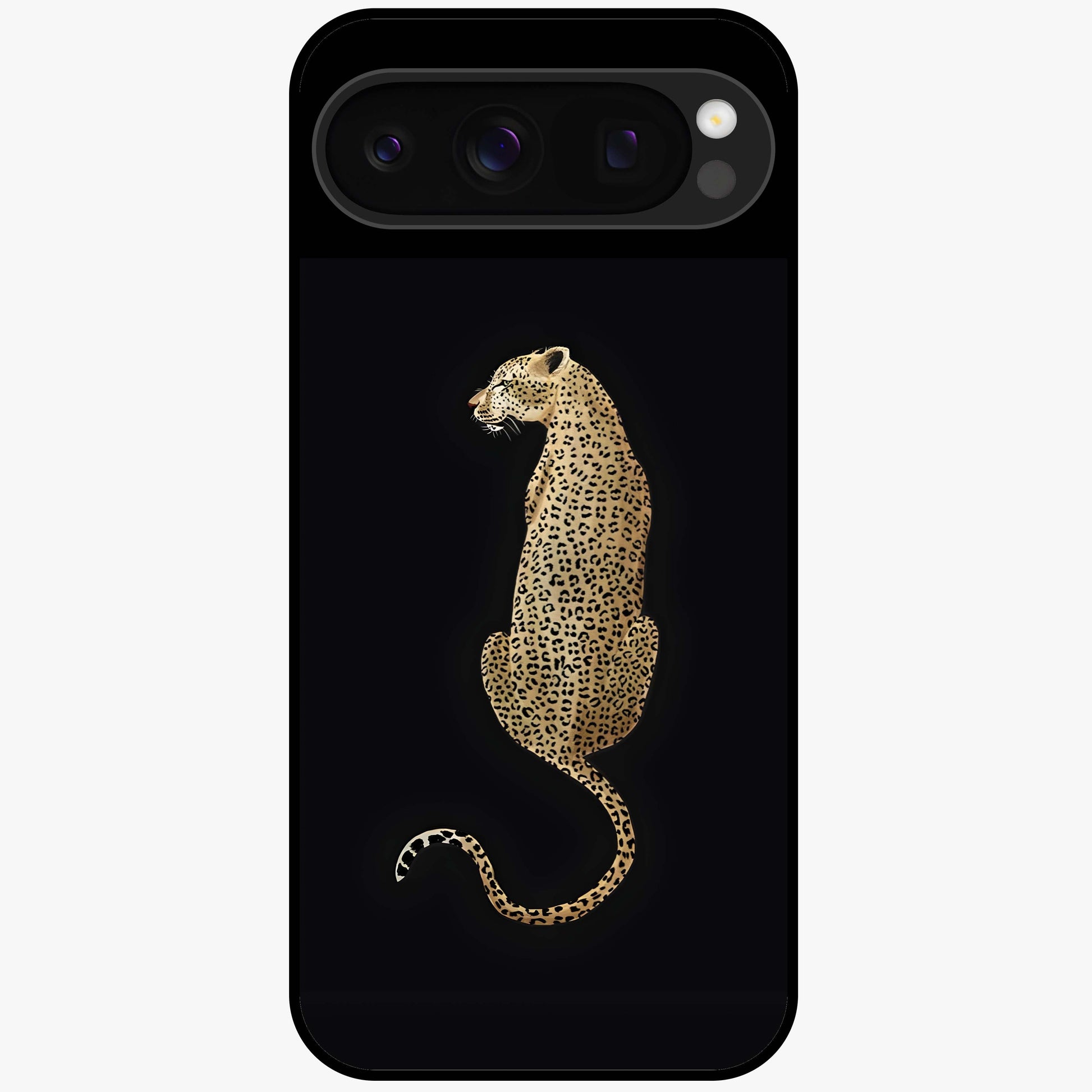 Regal Leopard Glass Case showing flat back view with bold leopard artwork and glossy glass finish.