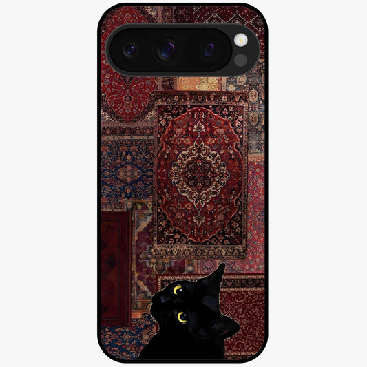 Regal Magic Cat Apple Glass Case showing flat back view with magical cat artwork holding apple and glossy glass finish.
