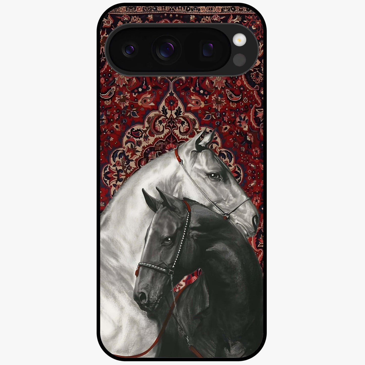 Regal Stallion Tapestry Glass Case showing flat back view with majestic horse tapestry artwork and glossy glass finish.