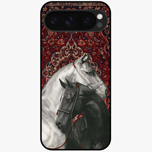 Regal Stallion Tapestry Glass Case showing flat back view with majestic horse tapestry artwork and glossy glass finish.