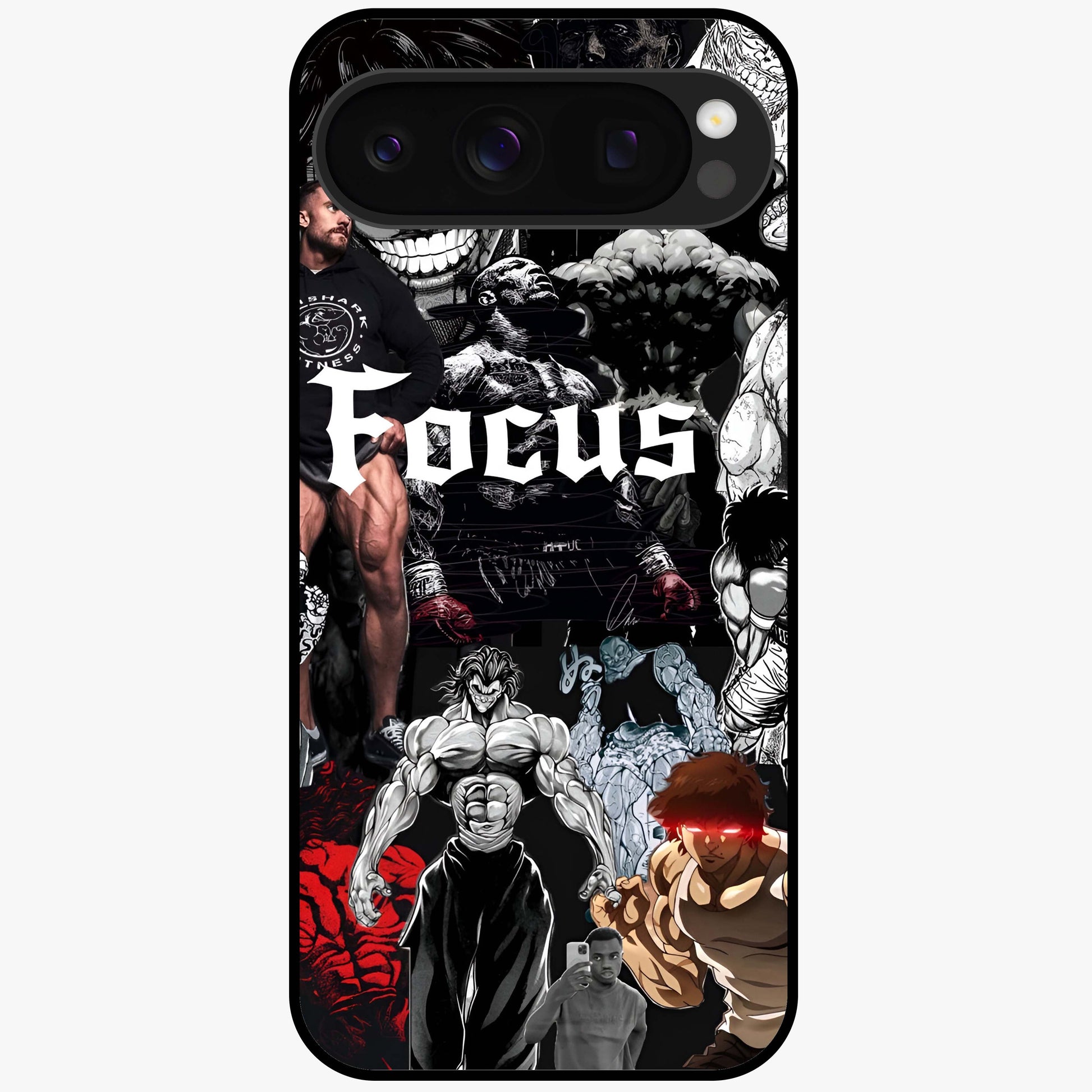 Relentless Power Focus Glass Case showing flat back view with motivational typography artwork and glossy glass finish.