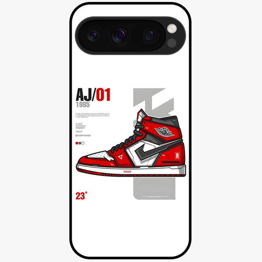 Retro Sneaker Blueprint Glass Case showing flat back view with sneaker blueprint style artwork and glossy glass finish.