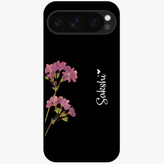 Riching Lavender Flower Custom Name Glass Case showing flat back view with lavender floral artwork and personalized name design.