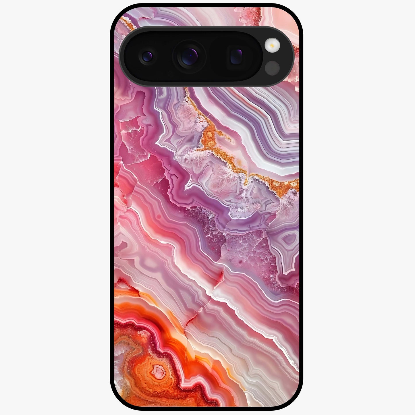 Rose Quartz Marble Glass Case showing flat back view with pink marble quartz texture artwork and glossy glass finish.