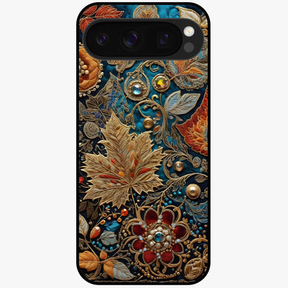 Royal Jewel Garden Glass Case showing flat back view with decorative floral garden artwork and glossy glass finish.
