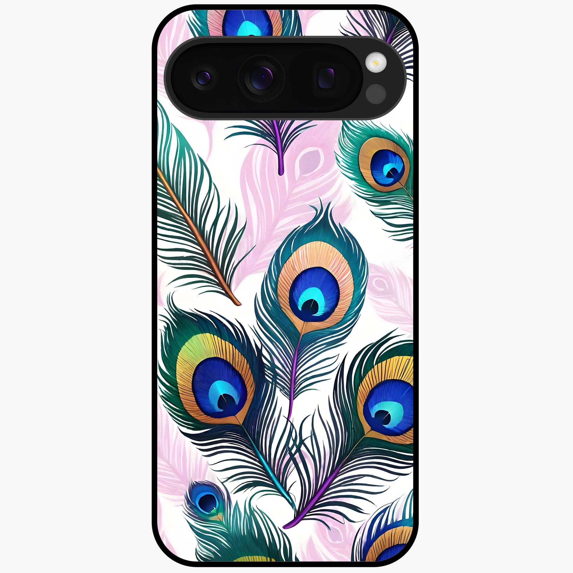 Royal Peacock Feathers Glass Case showing flat back view with colorful peacock feather artwork and glossy glass finish.
