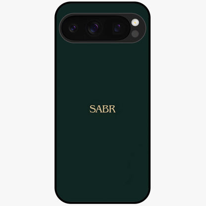 Sabr Minimal Patience Glass Case showing flat back view with minimalist typography artwork and glossy glass finish.