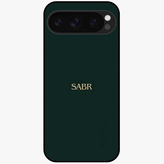 Sabr Minimal Patience Glass Case showing flat back view with minimalist typography artwork and glossy glass finish.