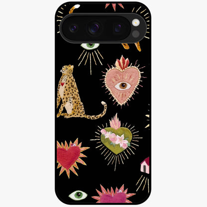 Sacred Jungle Heart Glass Case showing flat back view with jungle inspired heart artwork and glossy glass finish.