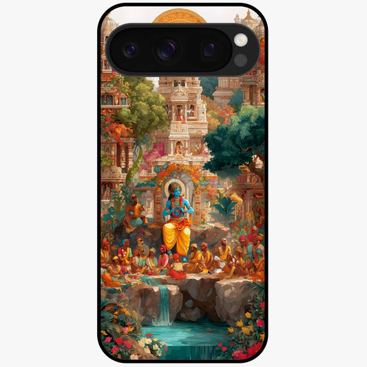 Sacred Sunlight Gods Glass Case showing flat back view with divine sunlight themed artwork and glossy glass finish.