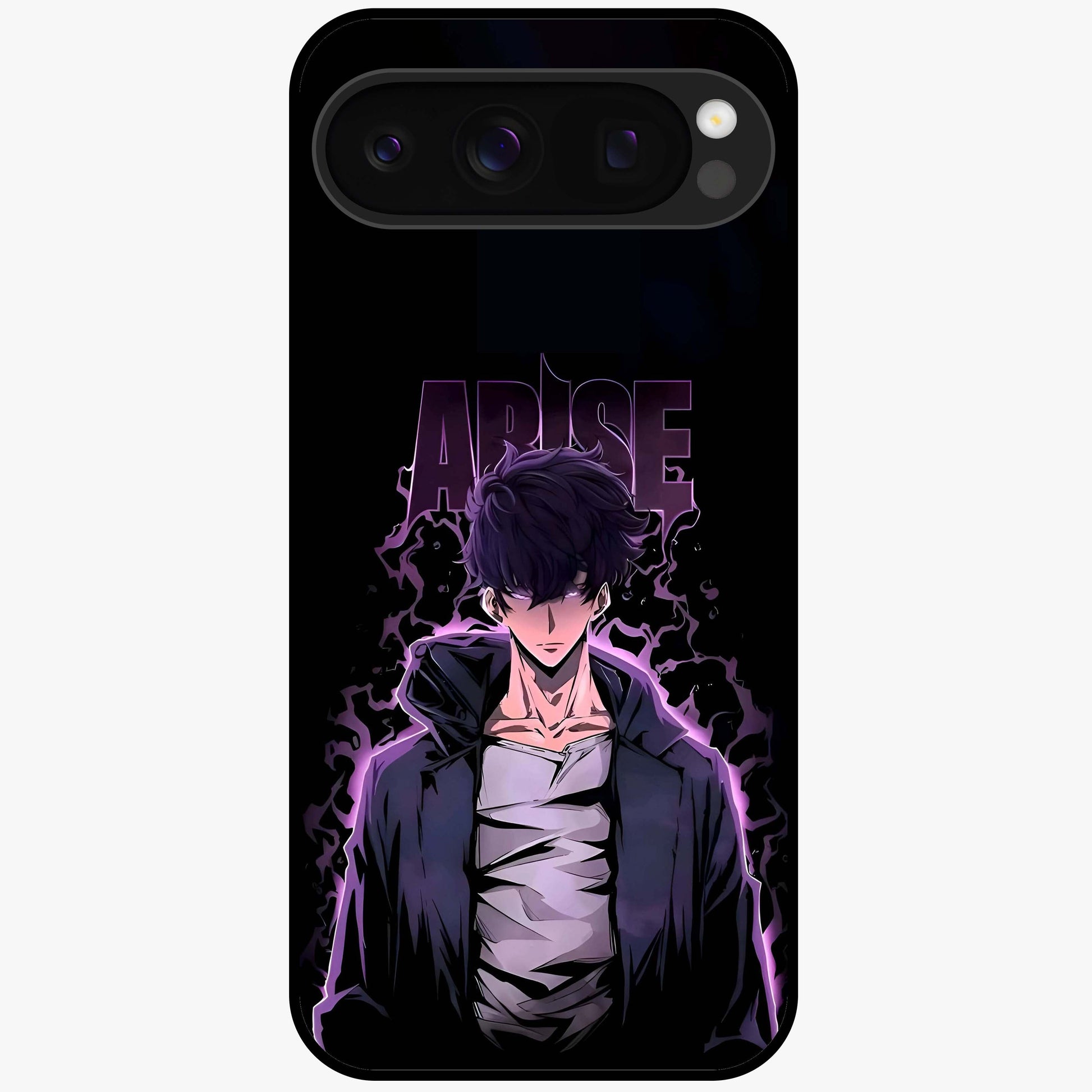 Shadow Monarch Awakening Glass Case showing flat back view with powerful dark monarch themed artwork and glossy glass finish.