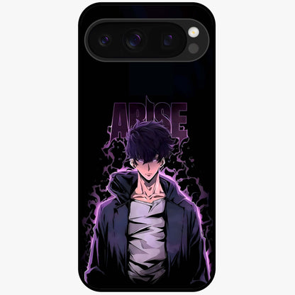 Shadow Monarch Awakening Glass Case showing flat back view with powerful dark monarch themed artwork and glossy glass finish.