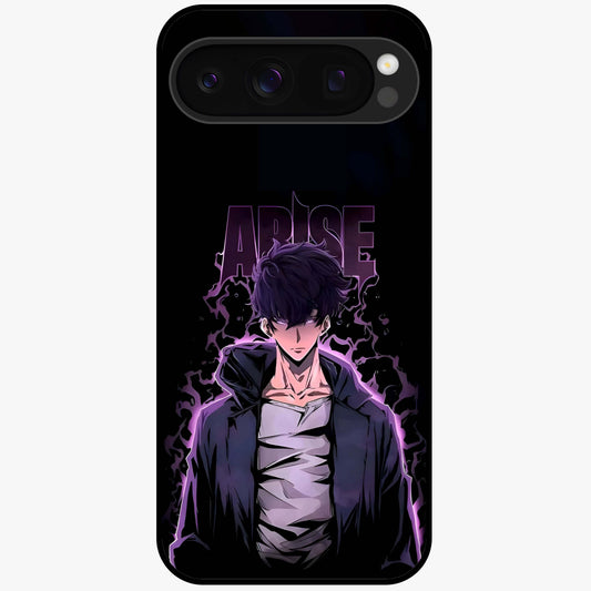 Shadow Monarch Awakening Glass Case showing flat back view with powerful dark monarch themed artwork and glossy glass finish.