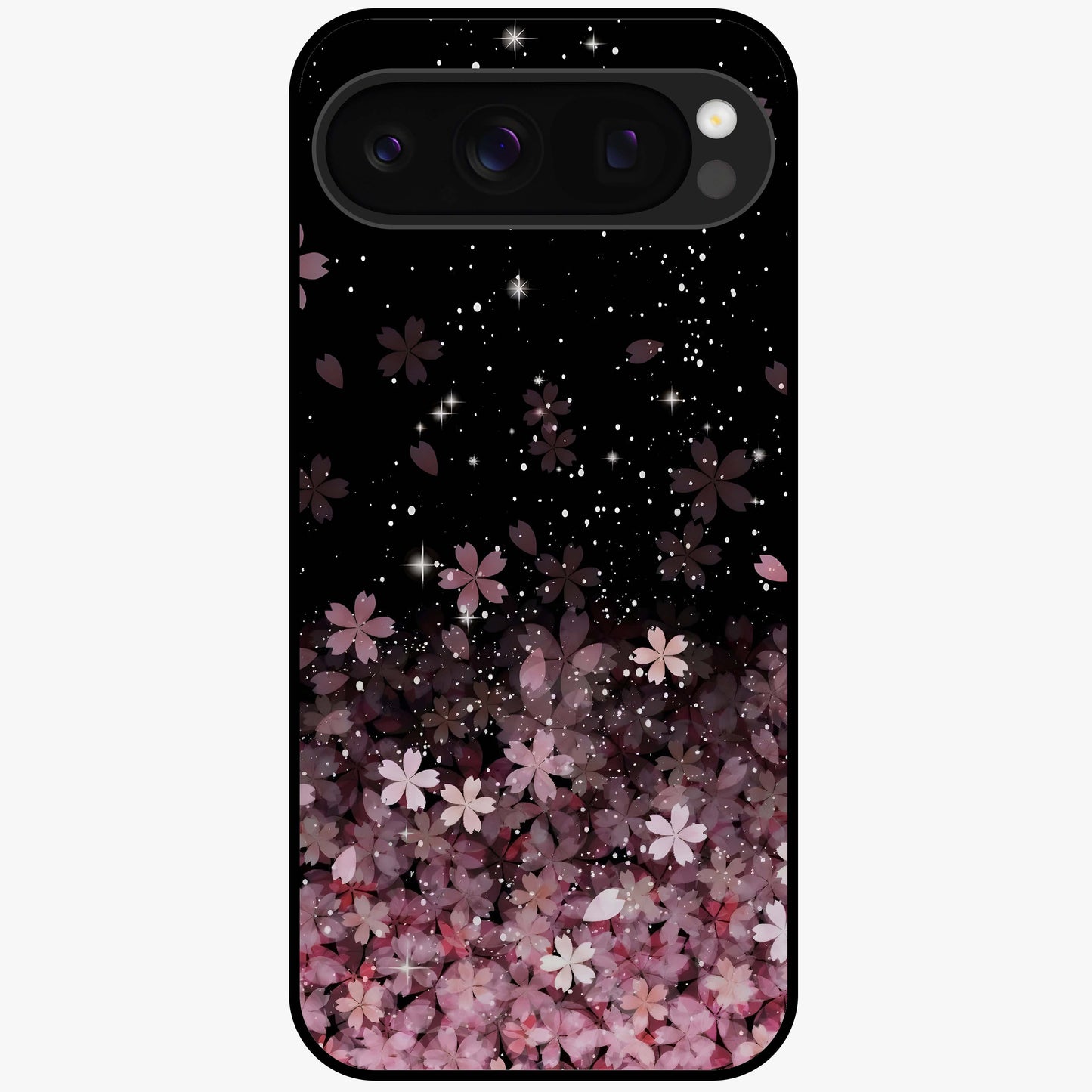 Small Starry Flowers Glass Case showing flat back view with delicate starry floral artwork and glossy glass finish.