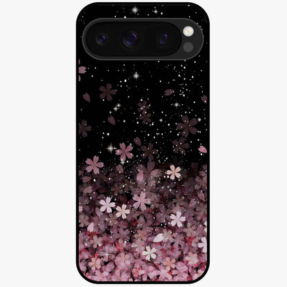 Small Starry Flowers Glass Case showing flat back view with delicate starry floral artwork and glossy glass finish.