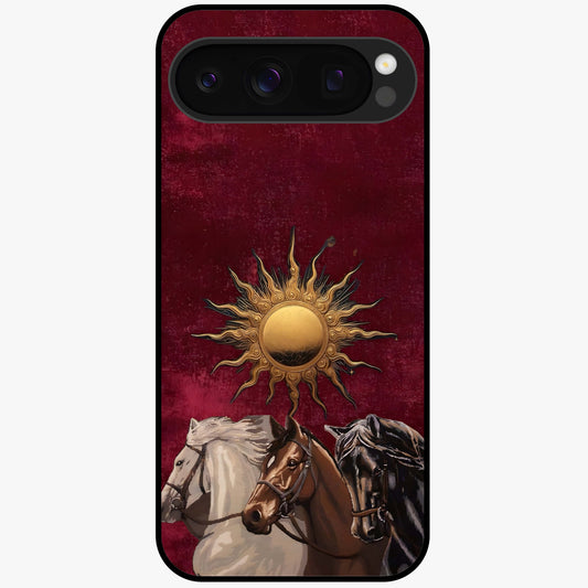 Solar Riders Glass Case showing flat back view with dynamic rider themed artwork and glossy glass finish.