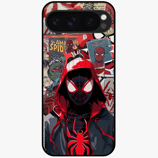 Spider Collage Street Glass Case showing flat back view with vibrant superhero collage artwork and glossy glass finish.