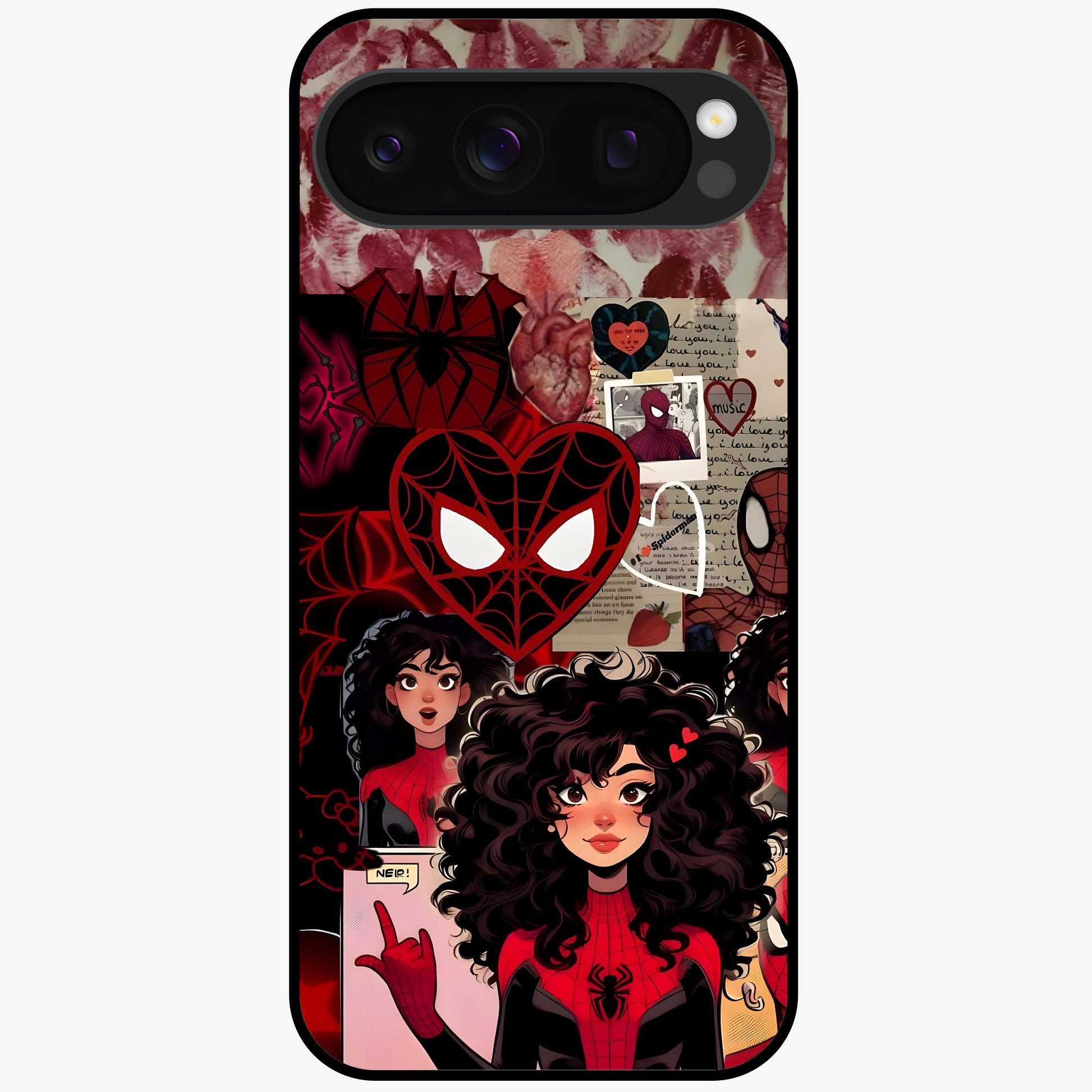 Spider Love Story Glass Case showing flat back view with romantic superhero themed artwork and glossy glass finish.