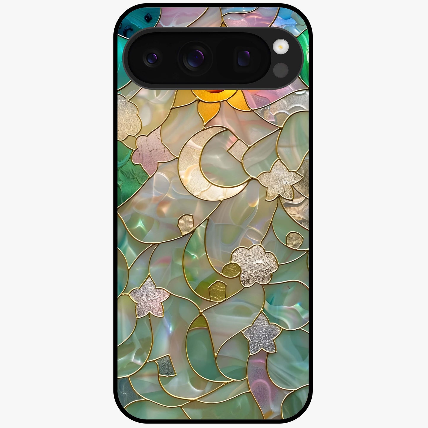 Stained Sunrise Glow Glass Case showing flat back view with glowing sunrise stained pattern artwork and glossy glass finish.