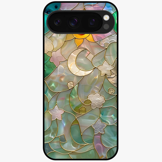 Stained Sunrise Glow Glass Case showing flat back view with glowing sunrise stained pattern artwork and glossy glass finish.