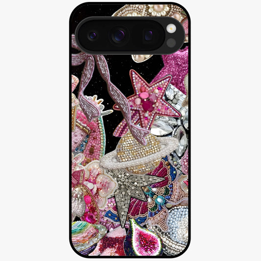 Starlit Jewel Dream Glass Case showing flat back view with sparkling jewel and star themed artwork and glossy glass finish.