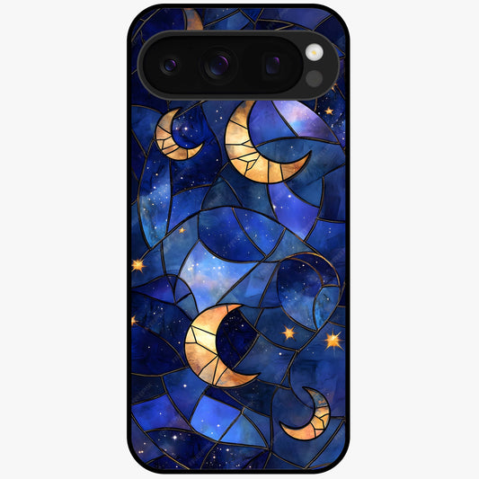 Starlit Sky Tapestry Glass Case showing flat back view with decorative starry sky tapestry artwork and glossy glass finish.