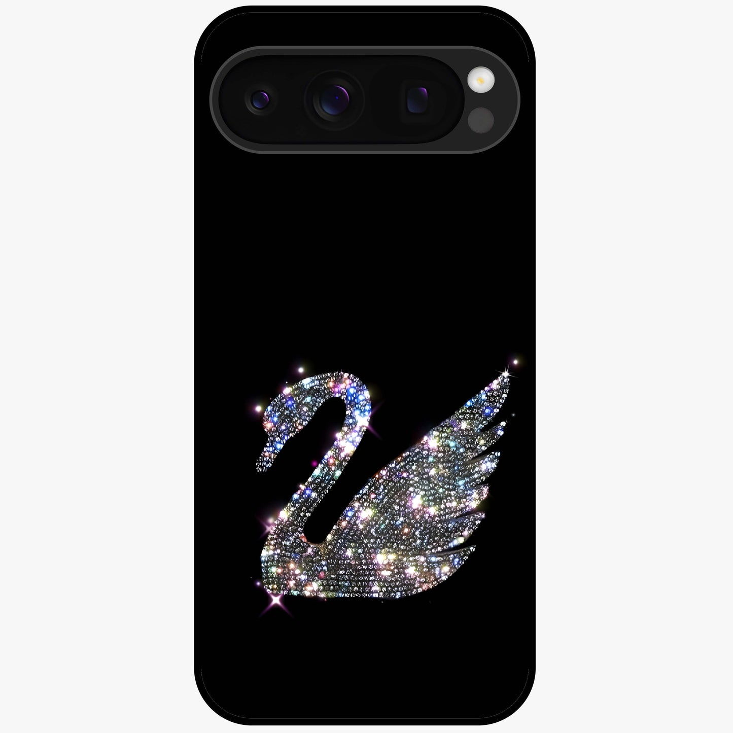 Starlit Swan Grace Glass Case showing flat back view with graceful swan artwork under starry sky and glossy glass finish.