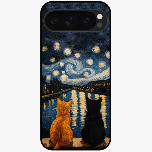 Starry River Cats Glass Case showing flat back view with cats by a starry river artwork and glossy glass finish.