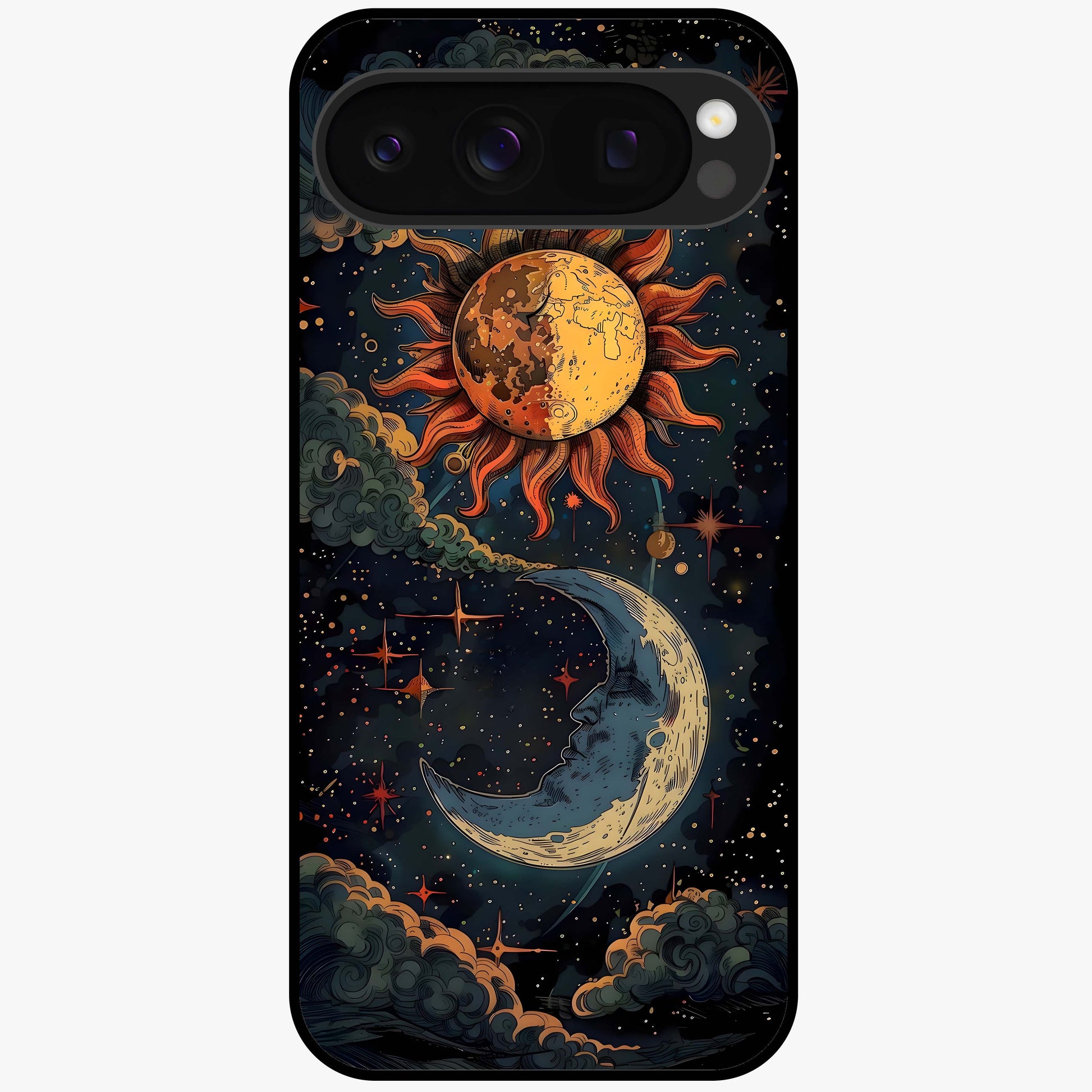 Sun And Moon Magic Design Glass Case showing flat back view with mystical sun and moon artwork and glossy glass finish.