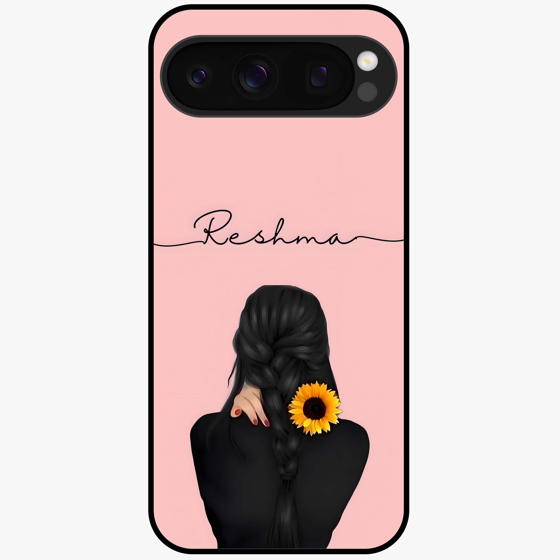Sunflower Braid Beauty With Custom Name Glass Case showing flat back view with sunflower braid artwork and personalized name design.