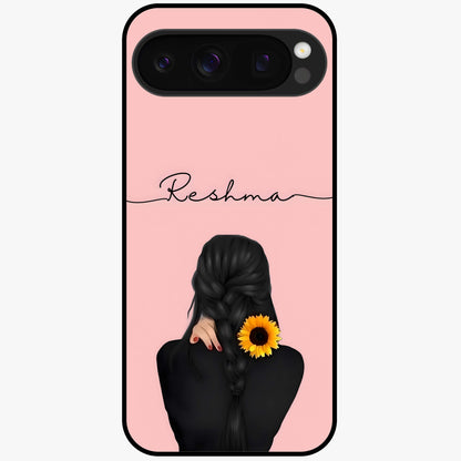 Sunflower Braid Beauty With Custom Name Glass Case showing flat back view with sunflower braid artwork and personalized name design.