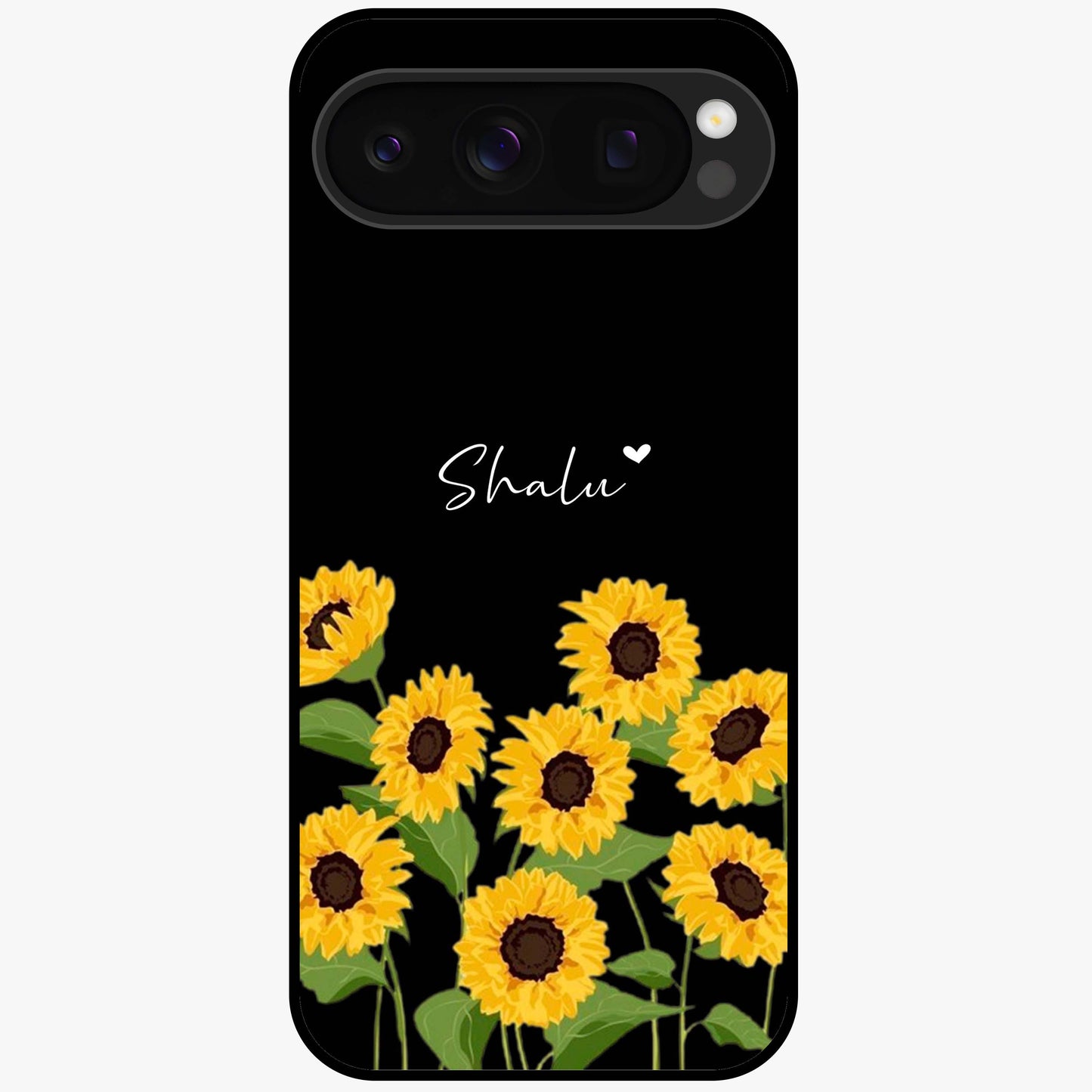 Sunflower Chic Mood Custom Name Glass Case showing flat back view with stylish sunflower artwork and personalized name design.