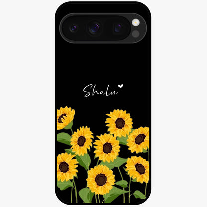 Sunflower Chic Mood Custom Name Glass Case showing flat back view with stylish sunflower artwork and personalized name design.