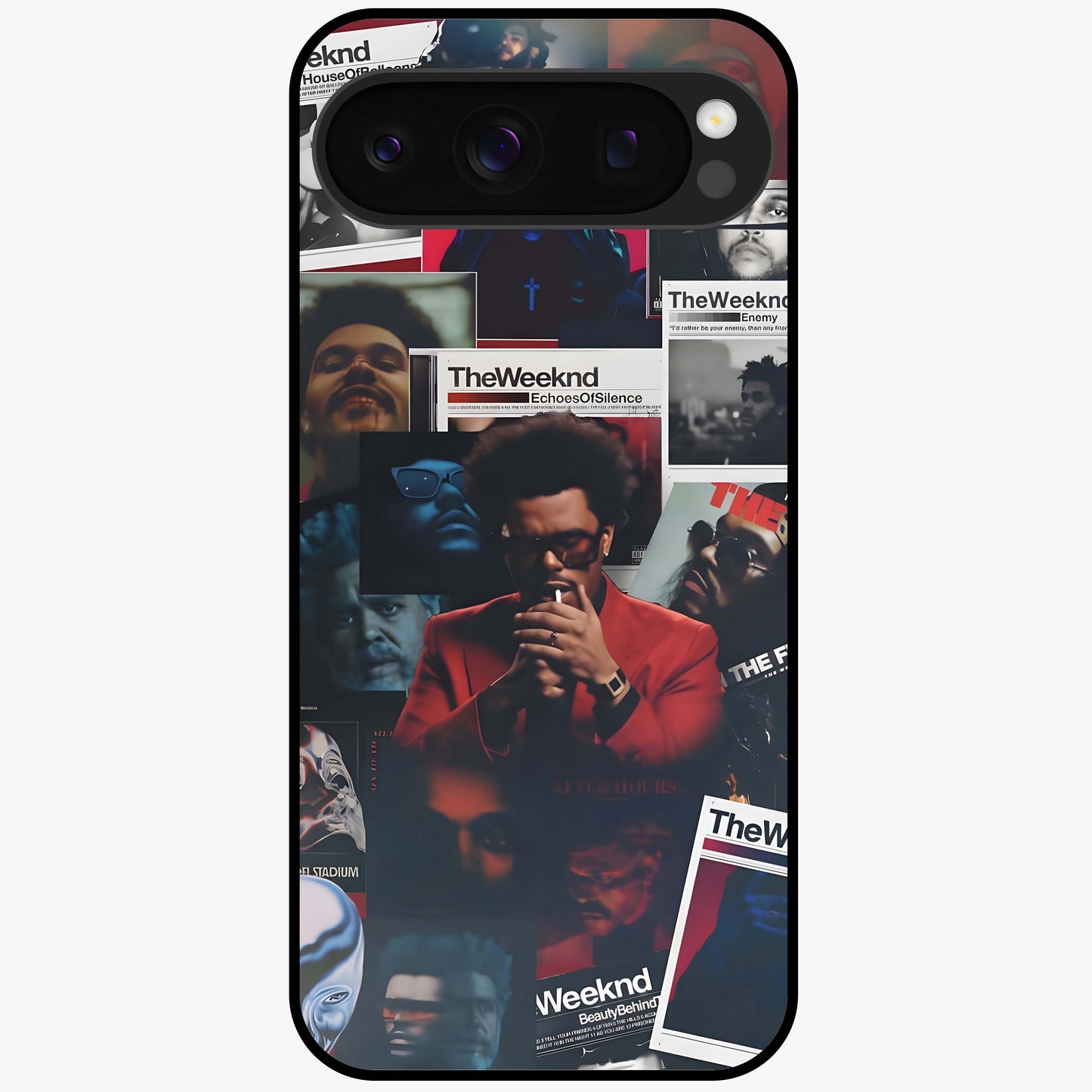The Weeknd Glass Case showing flat back view with music inspired artistic portrait artwork and glossy glass finish.
