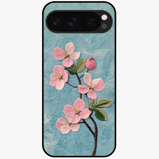 Threaded Blossom Breeze Glass Case showing flat back view with delicate blossom artwork and glossy glass finish.