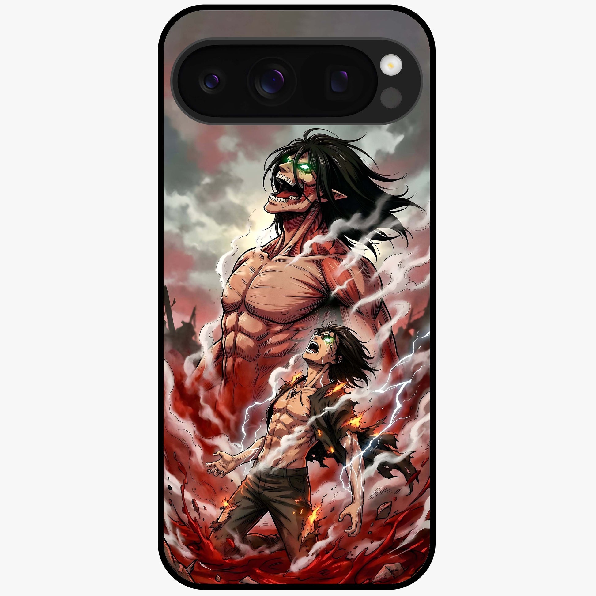 Titan Awakening Fury Glass Case showing flat back view with powerful titan inspired artwork and glossy glass finish.