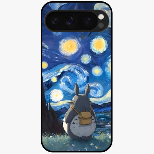 Totoro In Van Gogh Art Glass Case showing flat back view with whimsical character artwork inspired by Van Gogh style and glossy glass finish.