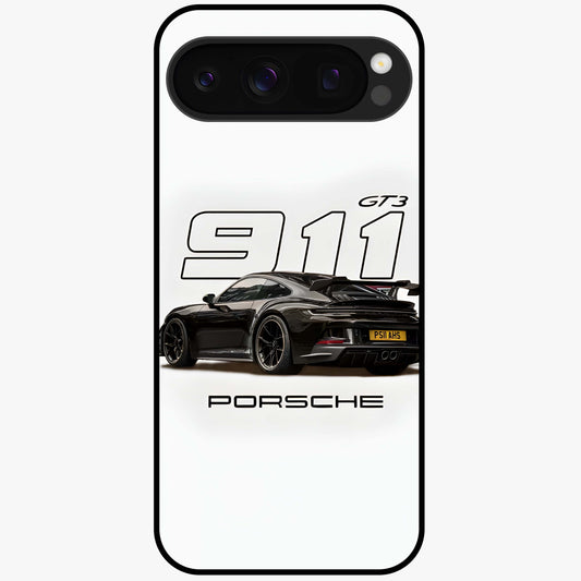 Turbo Legacy Icon Glass Case showing flat back view with iconic sports car inspired artwork and glossy glass finish.