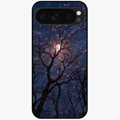 Twilight Sakura Serenade Glass Case showing flat back view with cherry blossom artwork at twilight and glossy glass finish.