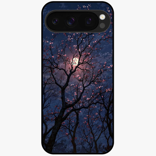 Twilight Sakura Serenade Glass Case showing flat back view with cherry blossom artwork at twilight and glossy glass finish.